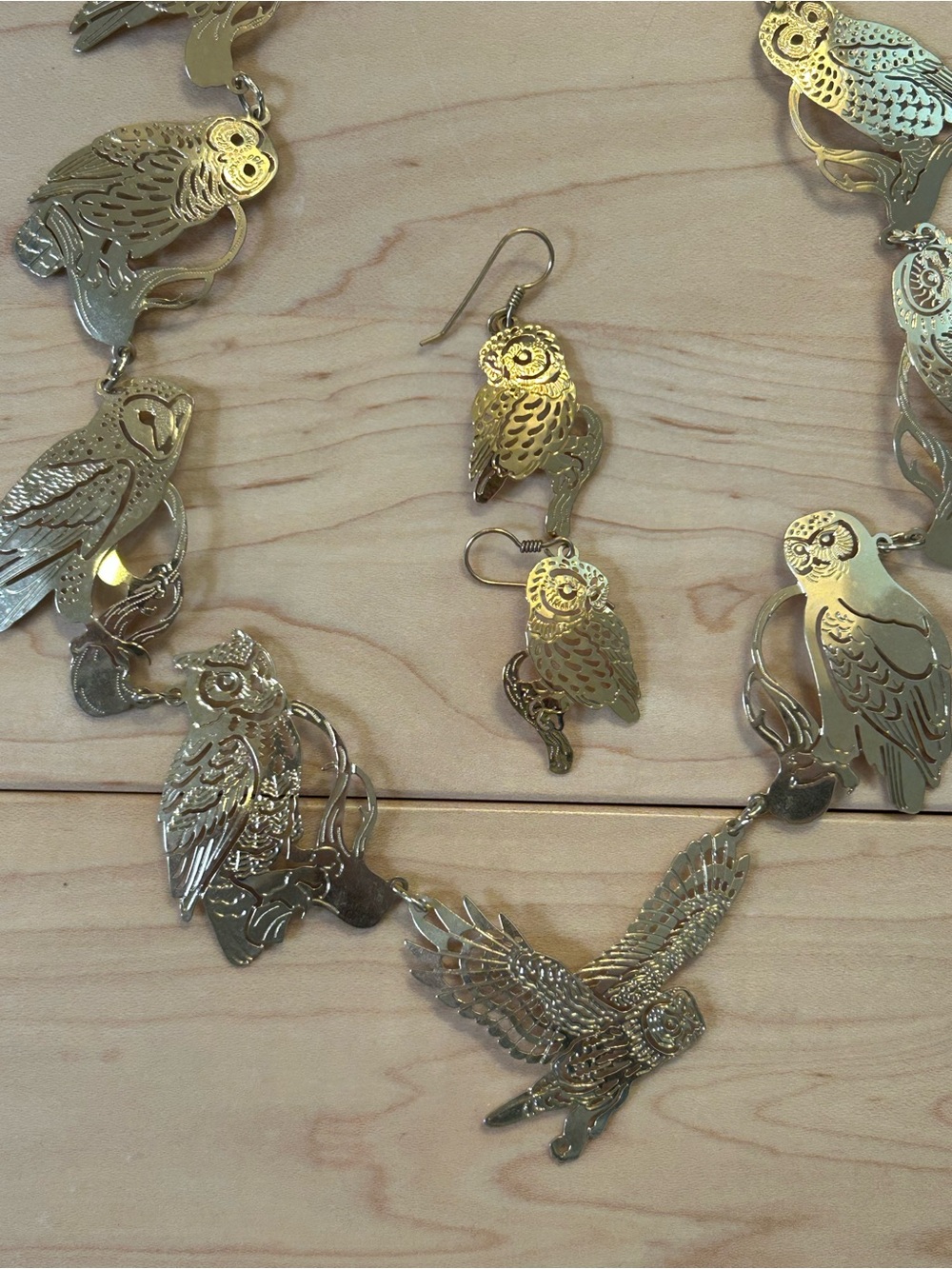 Vintage Wild Bryde Owls of North America gold plated long necklace earrings